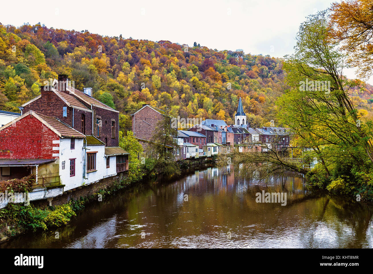 View of Vesdre river church of Saint Francois Xavier in Belgian town of Chaudfontaine, Wallonia Stock Photo - Alamy