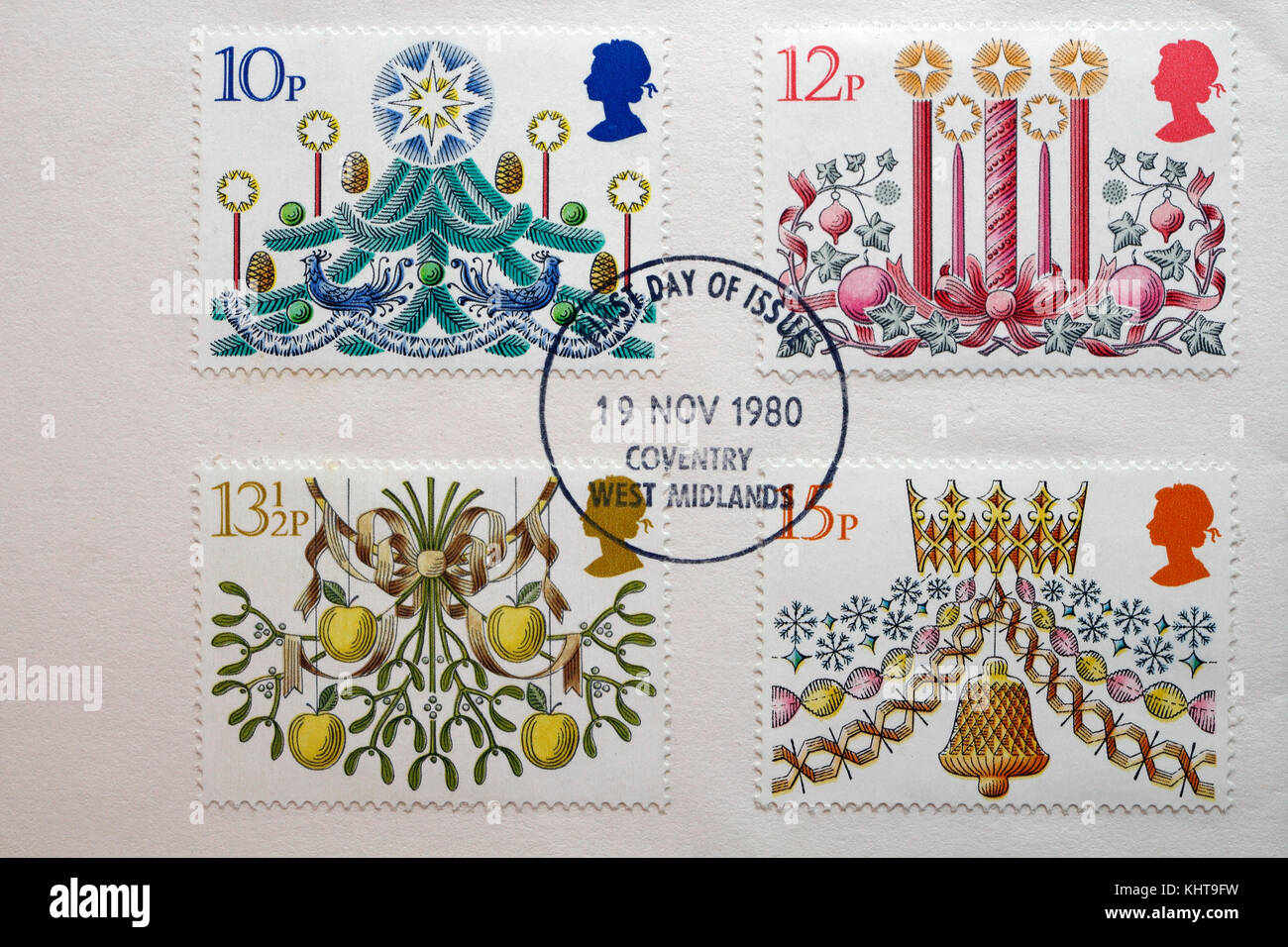 Postage stamps, 1980 British Christmas stamp issue, collecting hobby stamp collecting first day