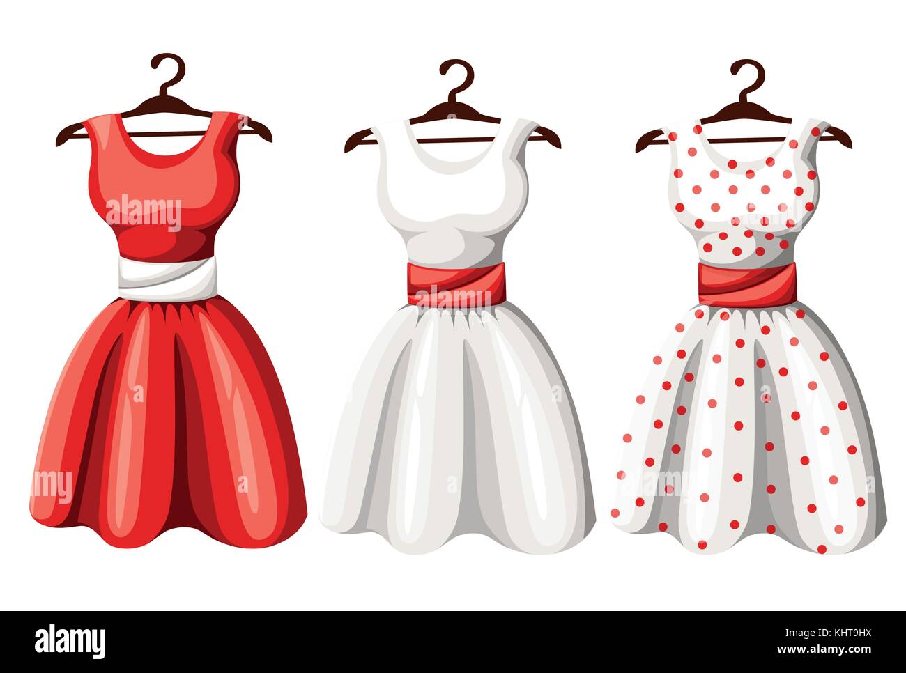 Set of retro pinup cute woman dresses. Short and long elegant black, red and white color polka dot design lady dress collection. Vector art image illu Stock Vector