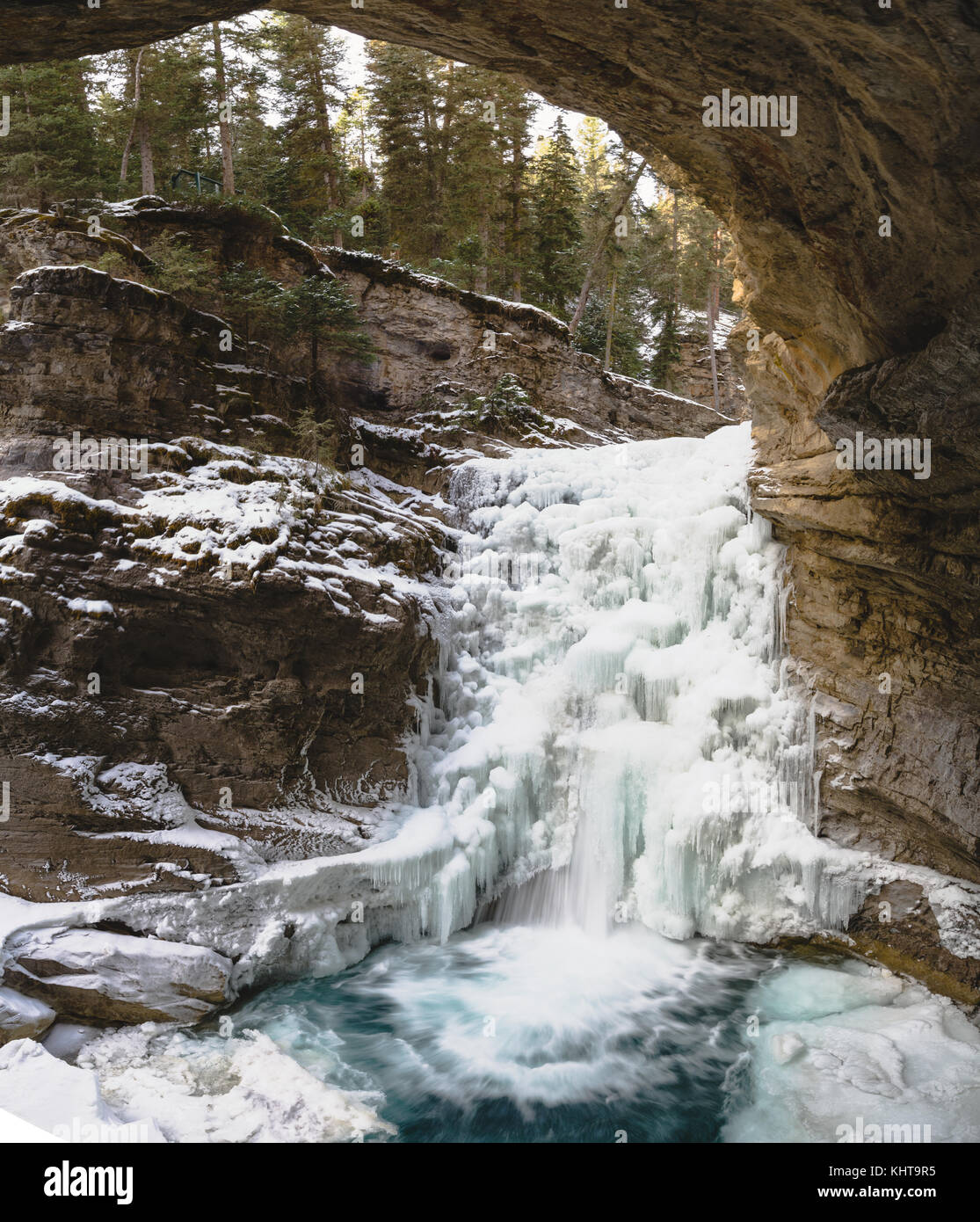 Johnston Canyon waterfall in winter, Banff National Park Stock Photo