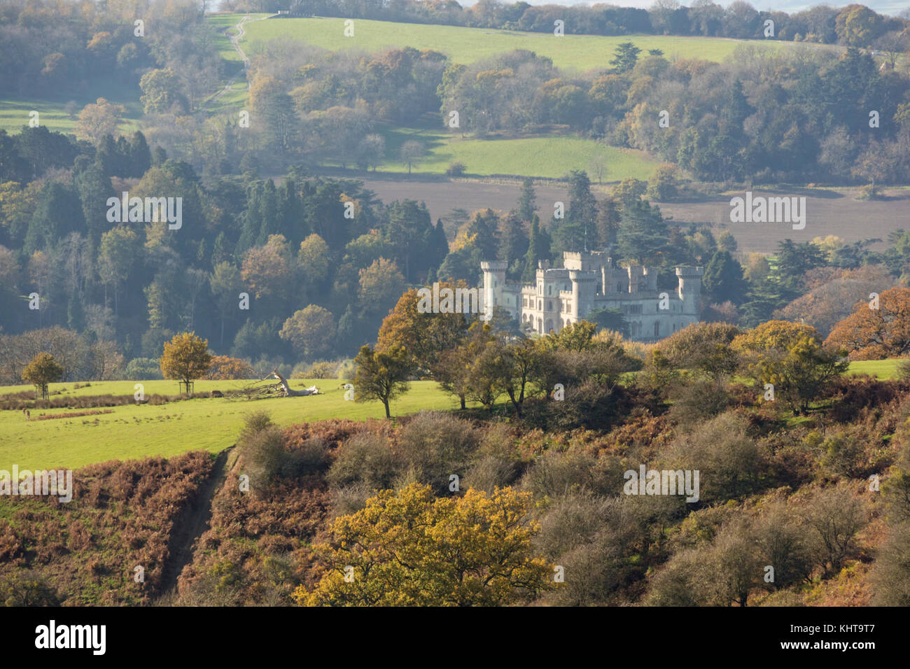 Eastnor Castle in autumn from Eastnor Park, Herefordshire, England, UK Stock Photo
