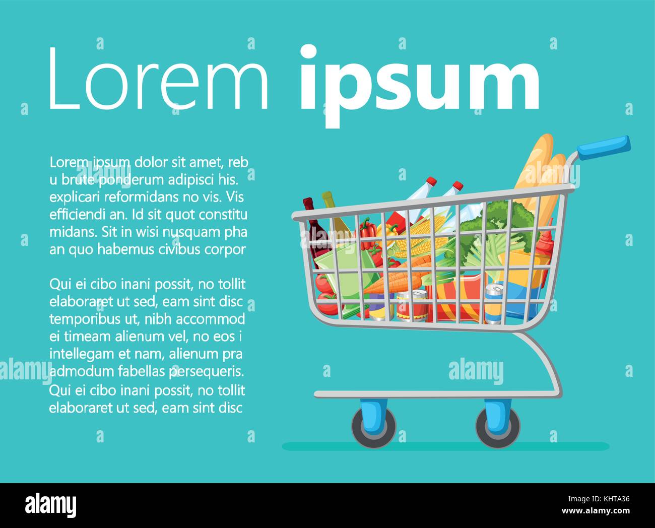 Selfservice supermarket full shopping trolley cart with fresh grocery