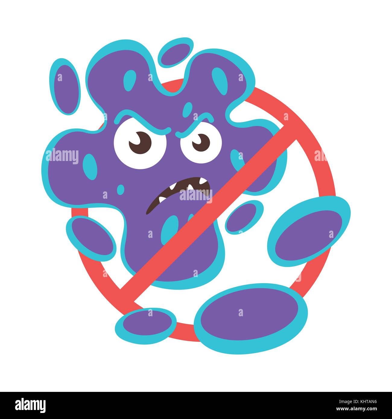 Vector cartoon style illustration of colorful funny bacteria character. Stop bacteria sign. Bad flora microbes. Isolated on white background. Stock Vector