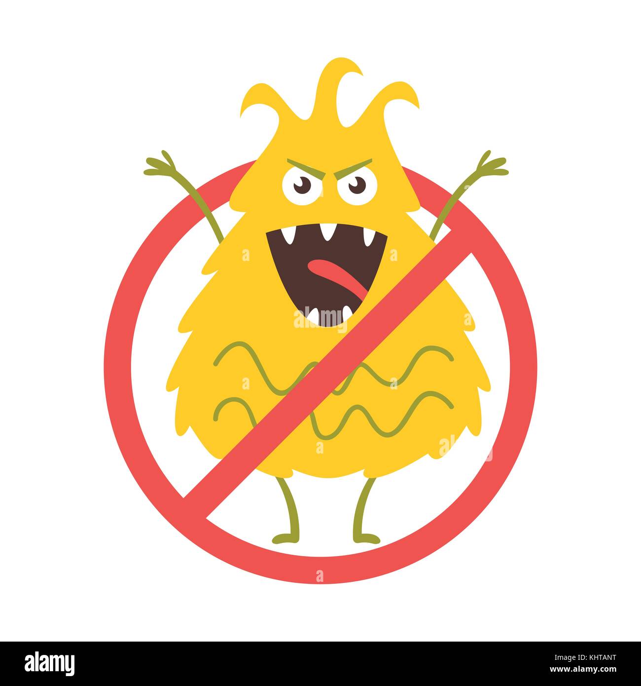 Vector cartoon style illustration of colorful funny bacteria character. Stop bacteria sign. Bad flora microbes. Isolated on white background. Stock Vector
