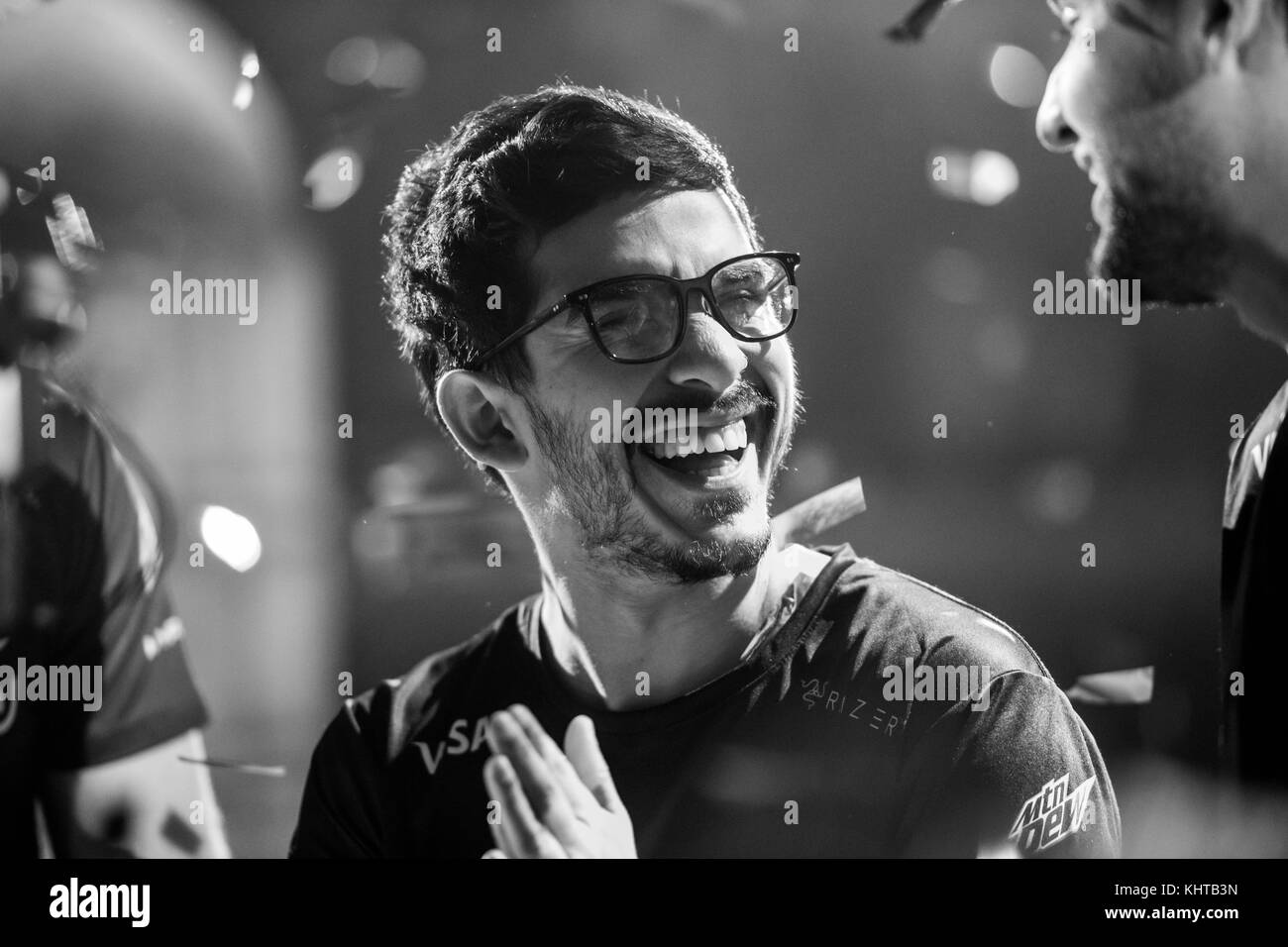 SAINT PETERSBURG, RUSSIA - OCTOBER 29 2017: EPICENTER Counter Strike: Global Offensive cyber sport event. Most valuable player MVP of the grand final match Marcelo coldzera David staying happy after the win Stock Photo