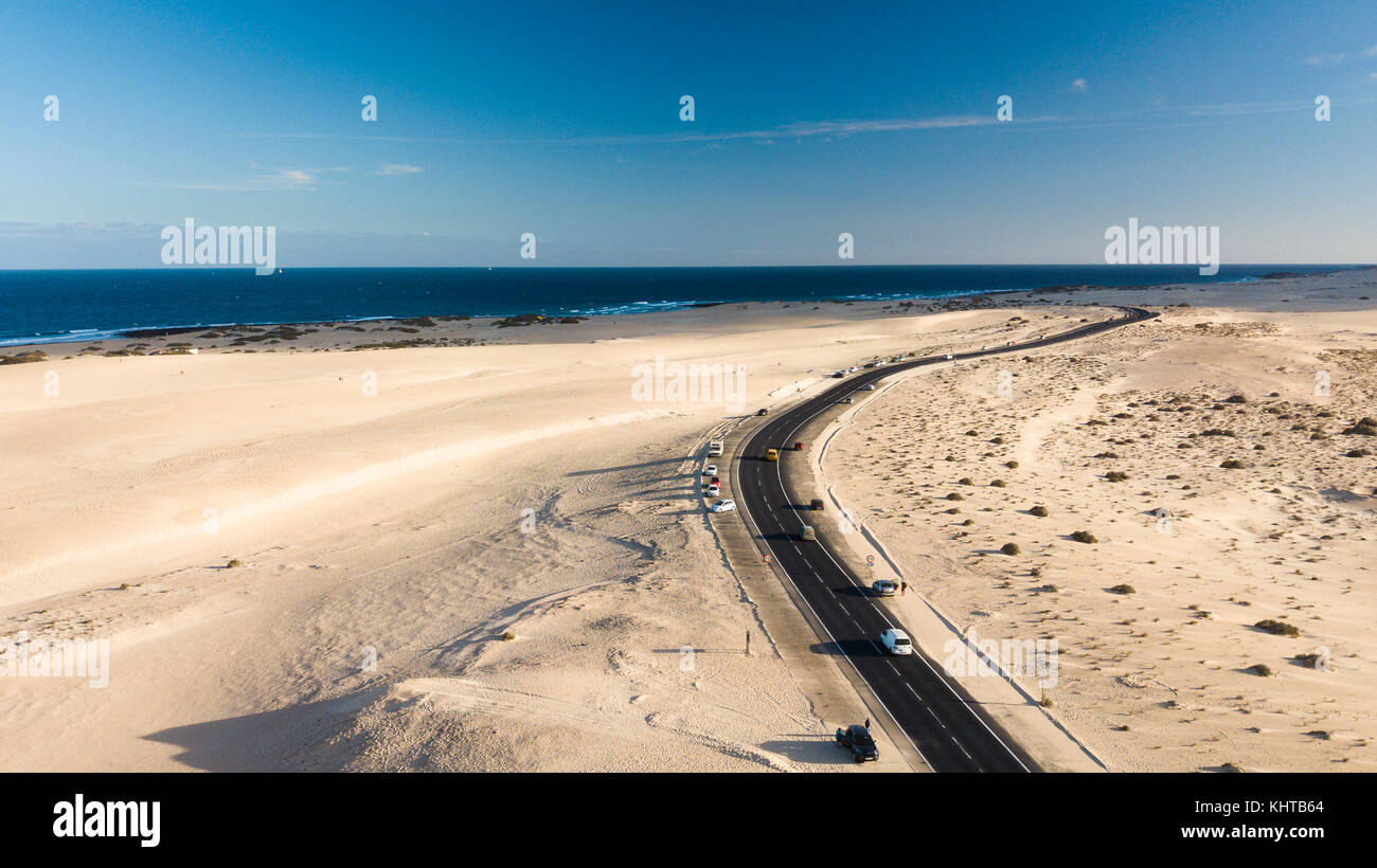 aerial view of road, desert, coast, fuerteventura, canary islands Stock Photo