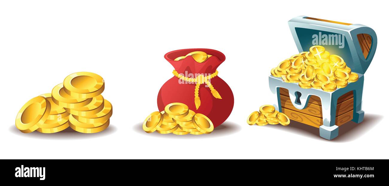 Vector cartoon style illustration of golden coins, bag of gold and treasure chest. Isolated on white background. Game user interface (GUI) element for Stock Vector