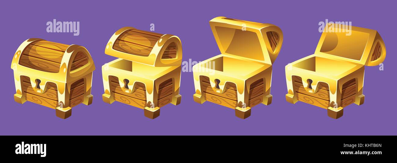 Vector cartoon style illustration of treasure chest for animation. Open and closed antique box. Isolated on white background. Game user interface (GUI Stock Vector