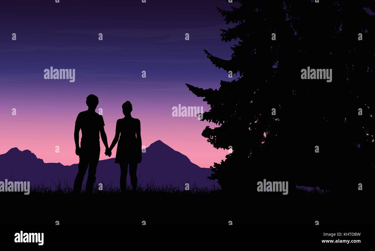 Realistic illustration of a silhouette of a loved man and woman on a romantic stroll through a mountain landscape with trees under a blue sky with daw Stock Vector