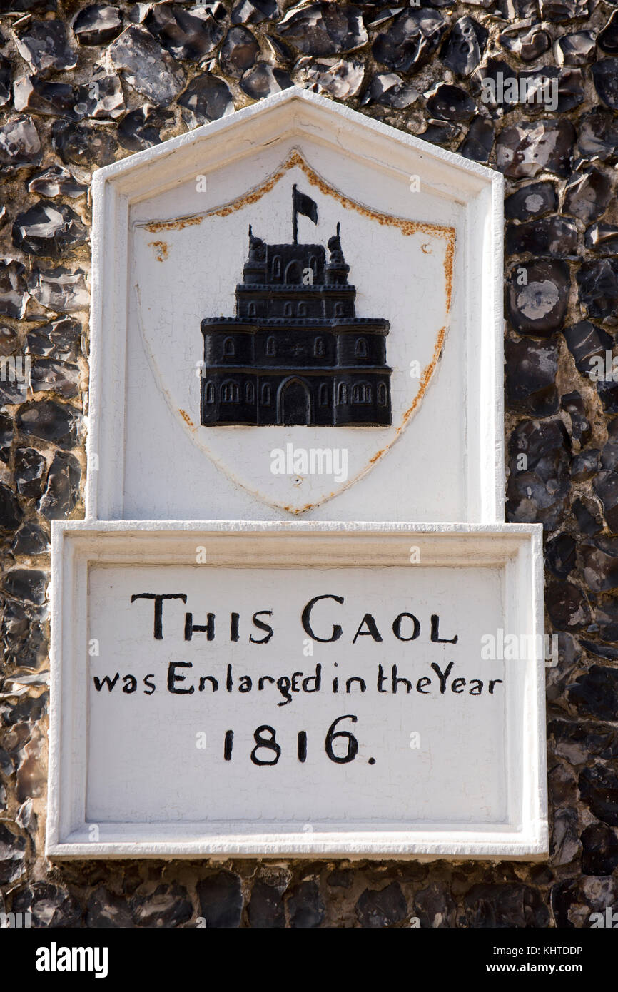 UK, England, Norfolk, Thetford, Old Market Street, Old Gaol House 1816 enlargement plaque Stock Photo