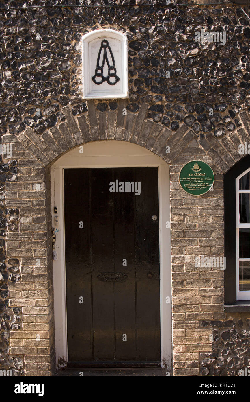 UK, England, Norfolk, Thetford, Old Market Street, Old Gaol House, manacles symbol above doorway Stock Photo