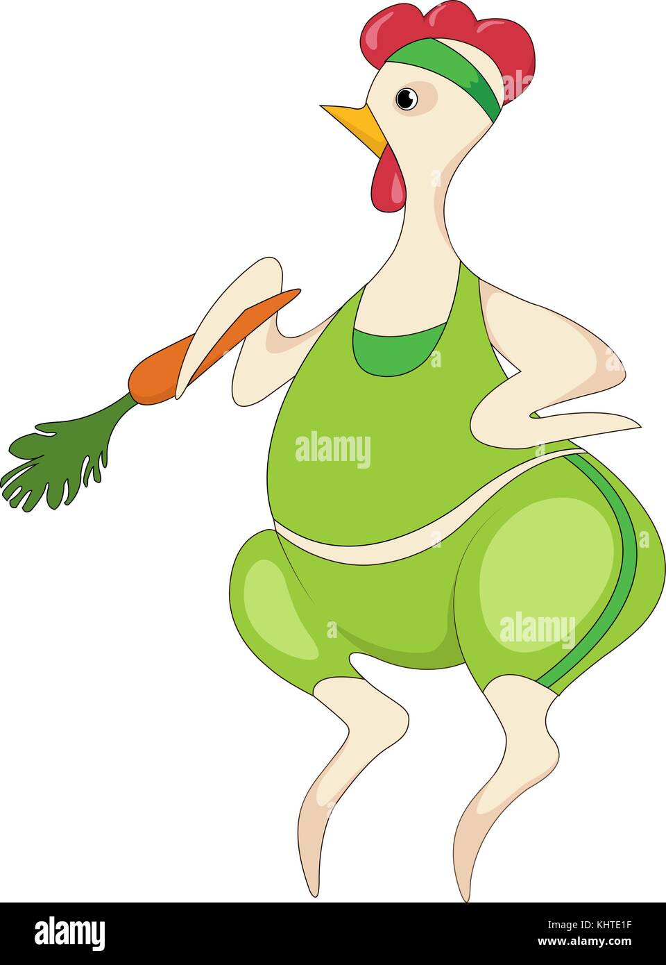 A funny hen in a workout outfit with a carrot, a cartoon character. An active and healthy lifestyle concept. Stock Vector