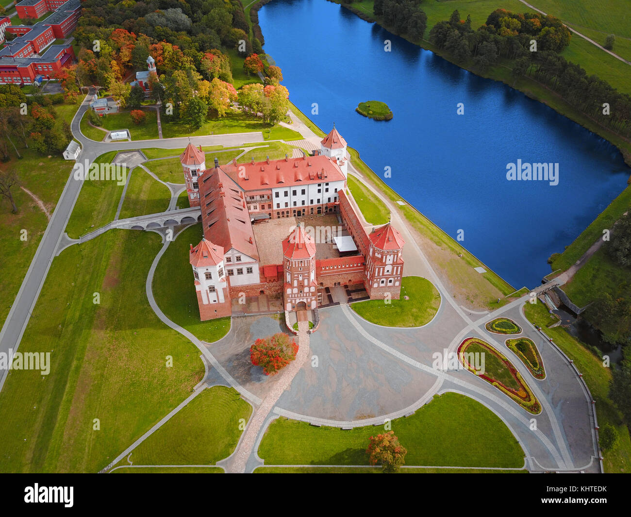 Mir Castle Complex, Belarus, Europe. Aerial view of famous belarusian medieval castle. Historic building in autumn. Symbol of belorussian architecture Stock Photo