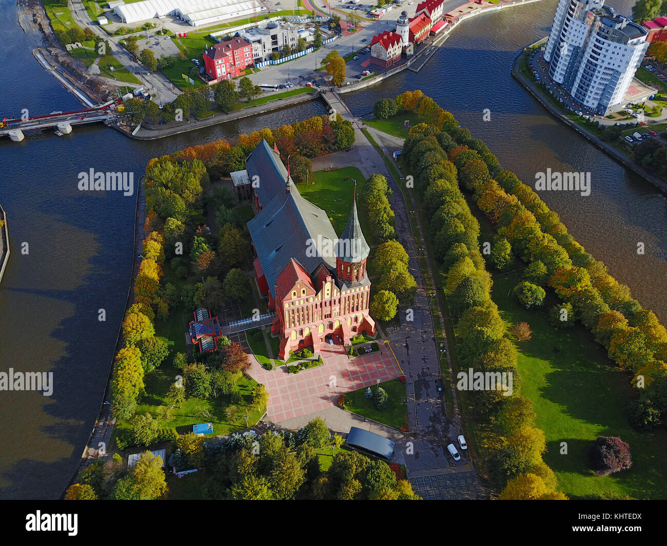 Aerial cityscape of Kaliningrad, Russia. Gothic cathedral in Kaliningrad city, formerly Koenigsberg, Germany. Beautiful view of Kant Island. The cente Stock Photo
