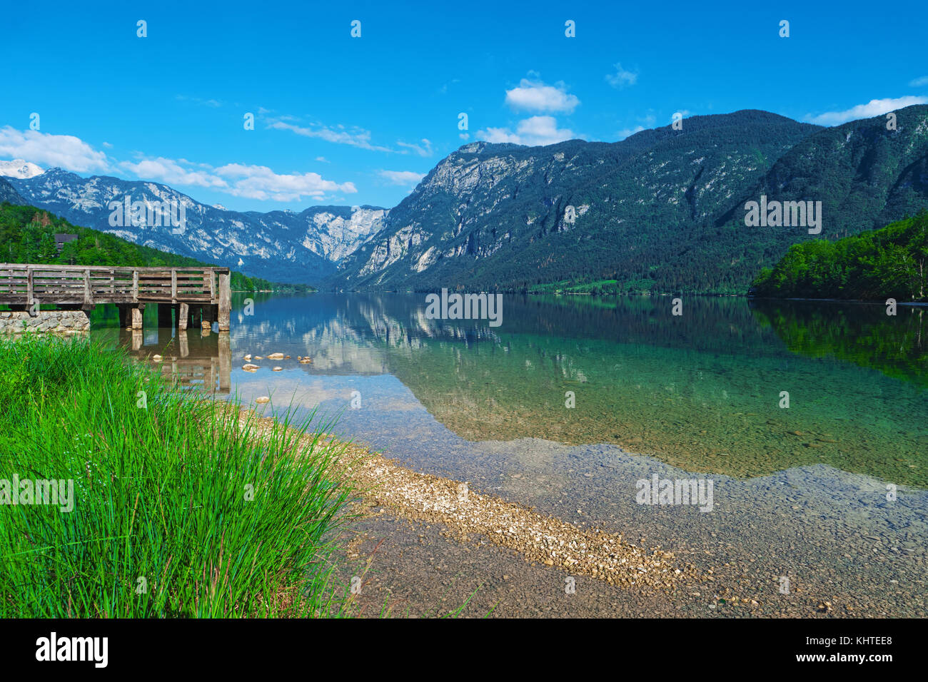 Bohinj Lake, Triglav national park, Slovenia, Alps, Europe. Mountain alpine lake. Slovenian nature. Adventure ecotourism concept Summer landscape Popu Stock Photo