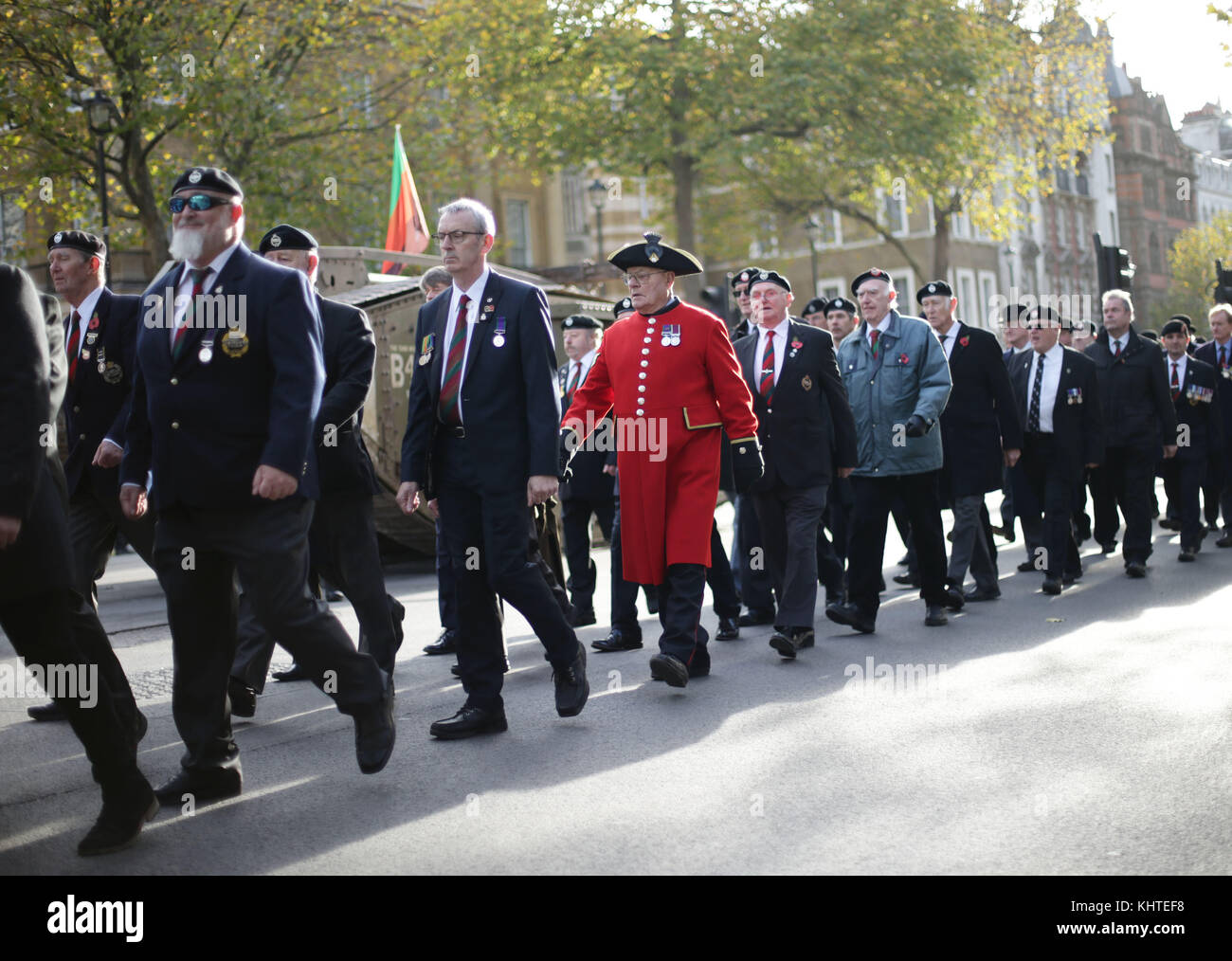 Veterans of the Royal Tank Regiment Association during a parade to mark the centenary of the Battle of Cambrai, at the Cenotaph in London. Stock Photo