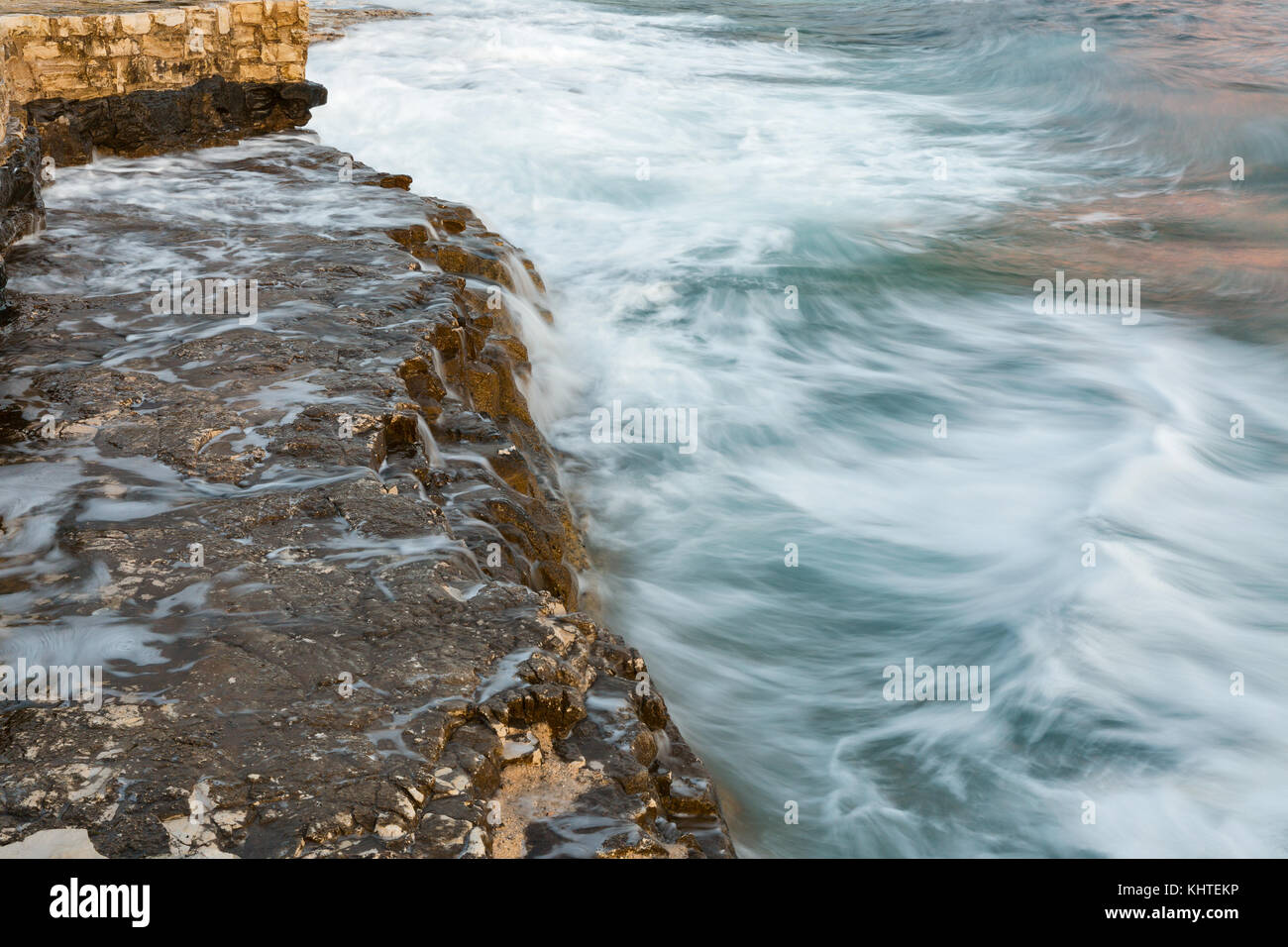 Stormy rocky beach in Istria, Croatia. Solaris summer resort, Adriatic Sea, Lanterna peninsula. Stock Photo