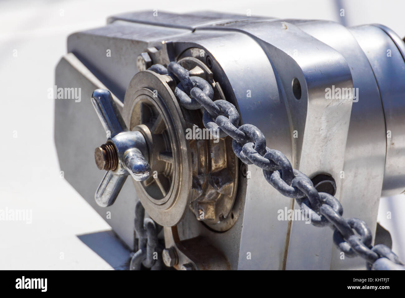 Anchor windlass mechanism with chain on ship deck Stock Photo Alamy