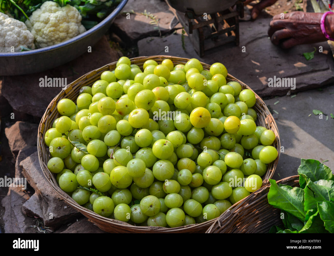 Indian gooseberry fruits at local market in Pushkar, India. Stock Photo