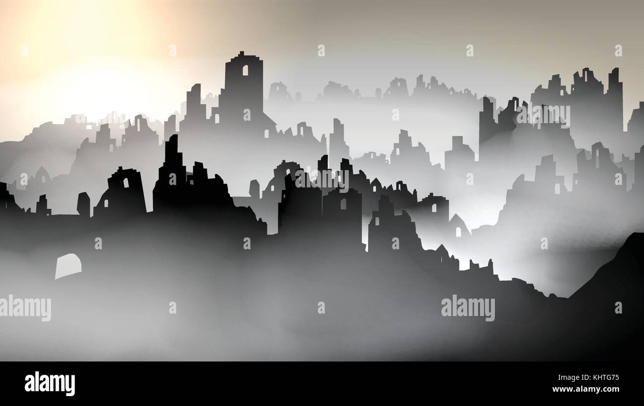 Destroyed city ,Fort in Ruin with Flag - Vector Illustration Stock Vector