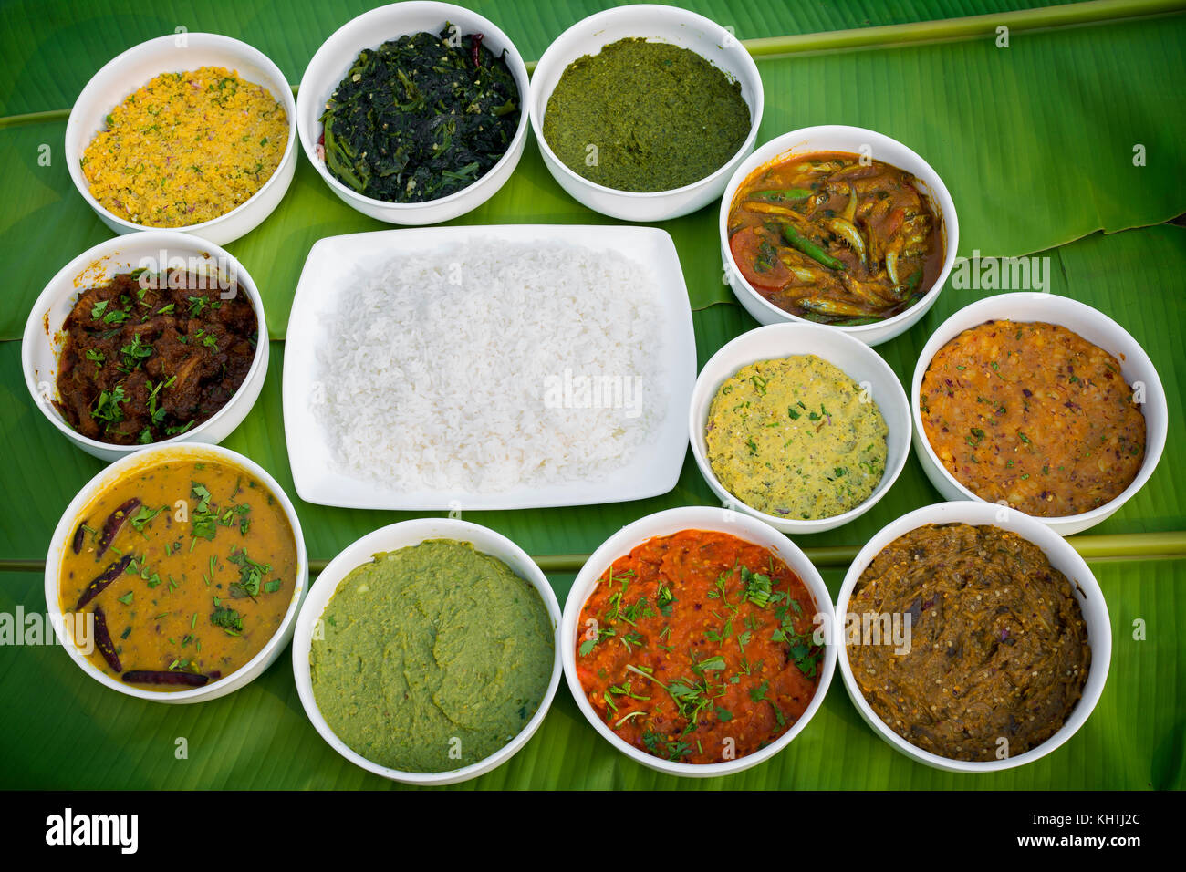 Bangla Cuisine Vorta, vaji, fish curry and vegetables curry platter
