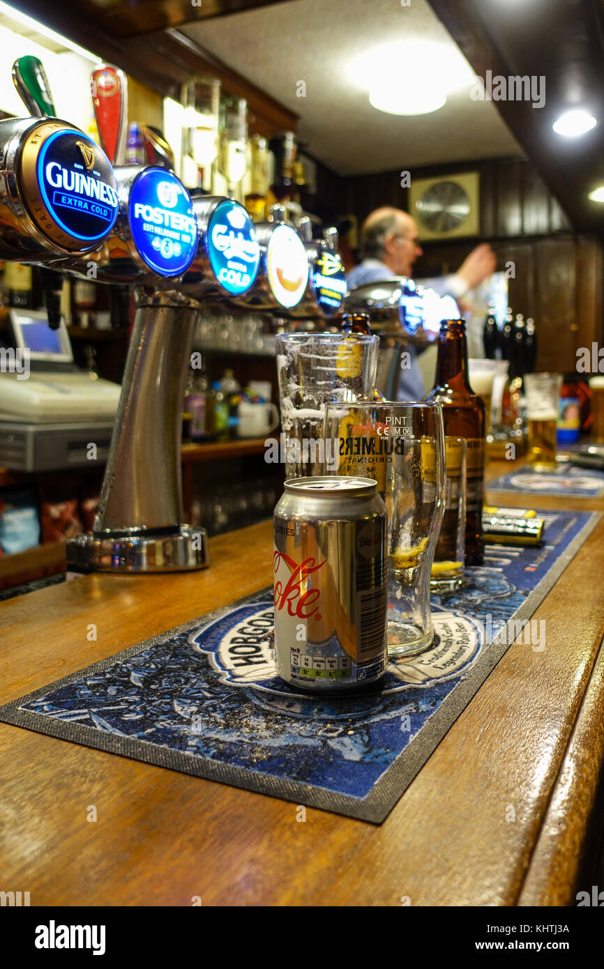 Public House, Beer Pumps, Empty Glasses, Barman - The Eagle, Braintree Stock Photo
