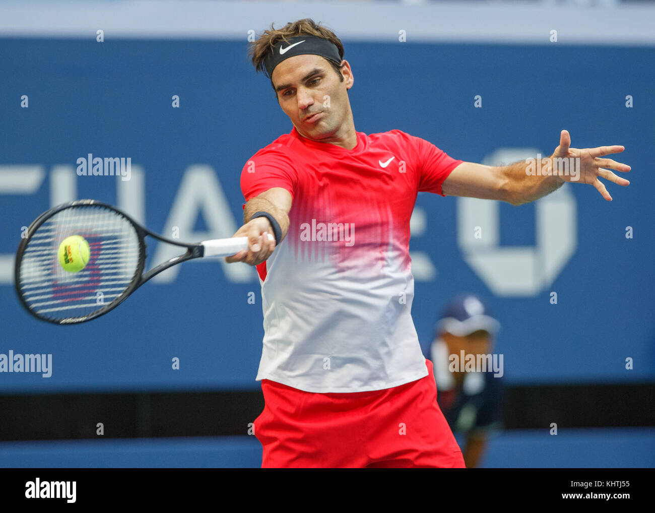 Swiss tennis player ROGER FEDERER (SUI) plays forehand shot during men's singles match at US Open 2017 Tennis Championship, New York City, New York St Stock Photo