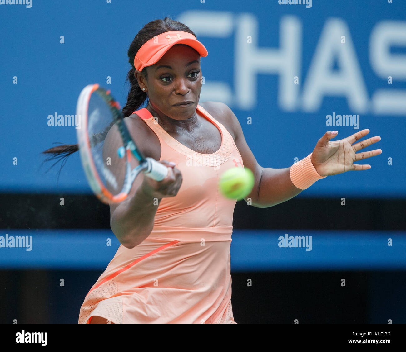 American tennis player SLOANE STEPHENS (USA) hitting a forehand shot during women's singles match at US Open 2017 Tennis Championship, New York City,  Stock Photo