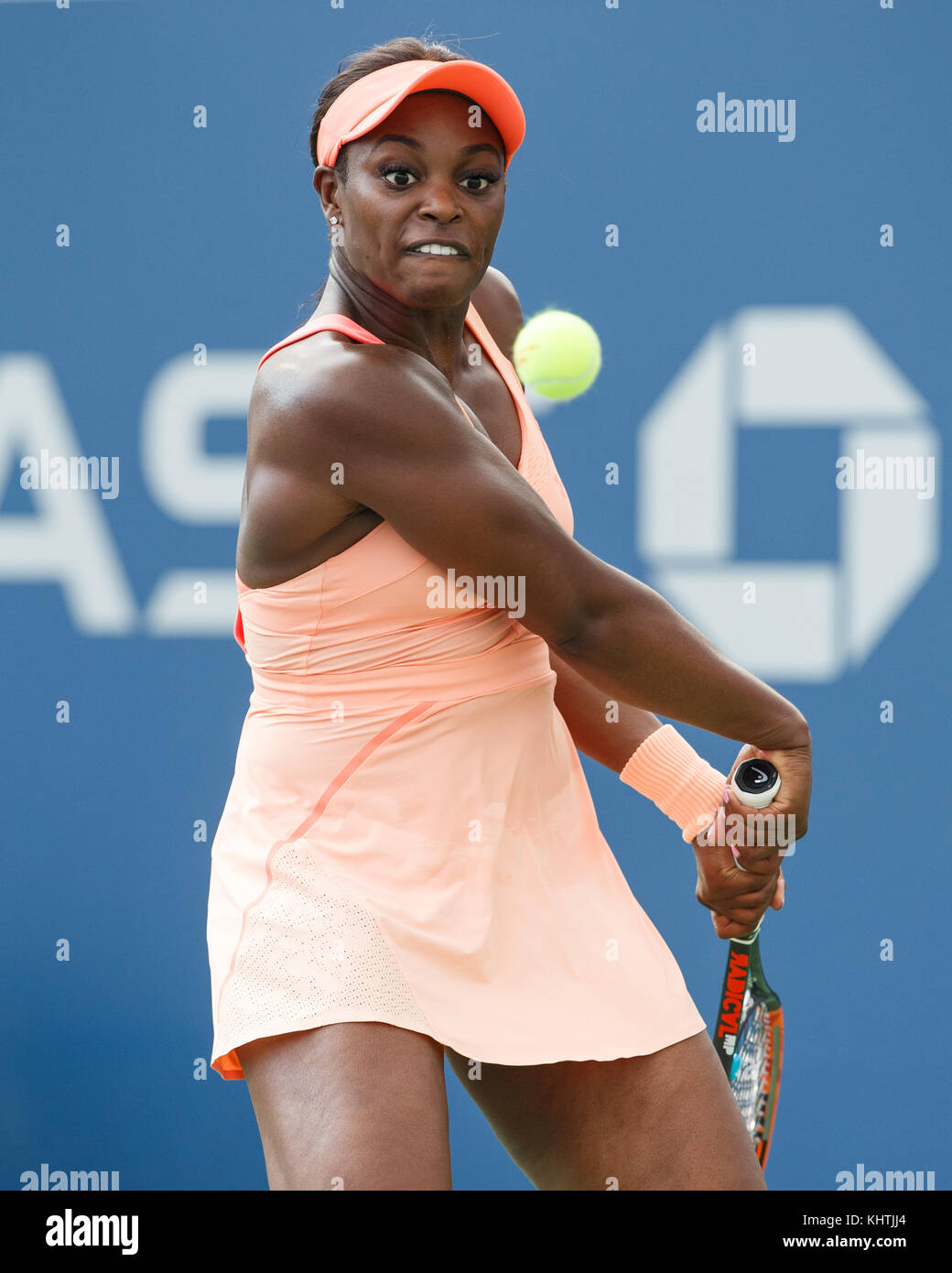 American tennis player SLOANE STEPHENS (USA) hitting a backhand shot during women's singles match at US Open 2017 Tennis Championship, New York City,  Stock Photo
