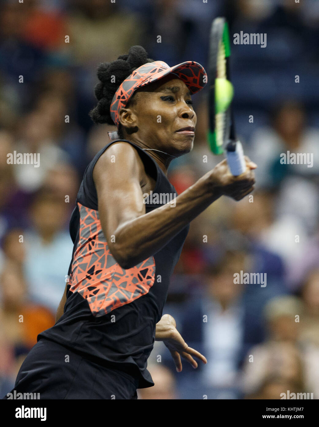 American tennis player VENUS WILLIAMS (USA) hitting a forehand volley during women's singles match at US Open 2017 Tennis Championship, New York City, Stock Photo