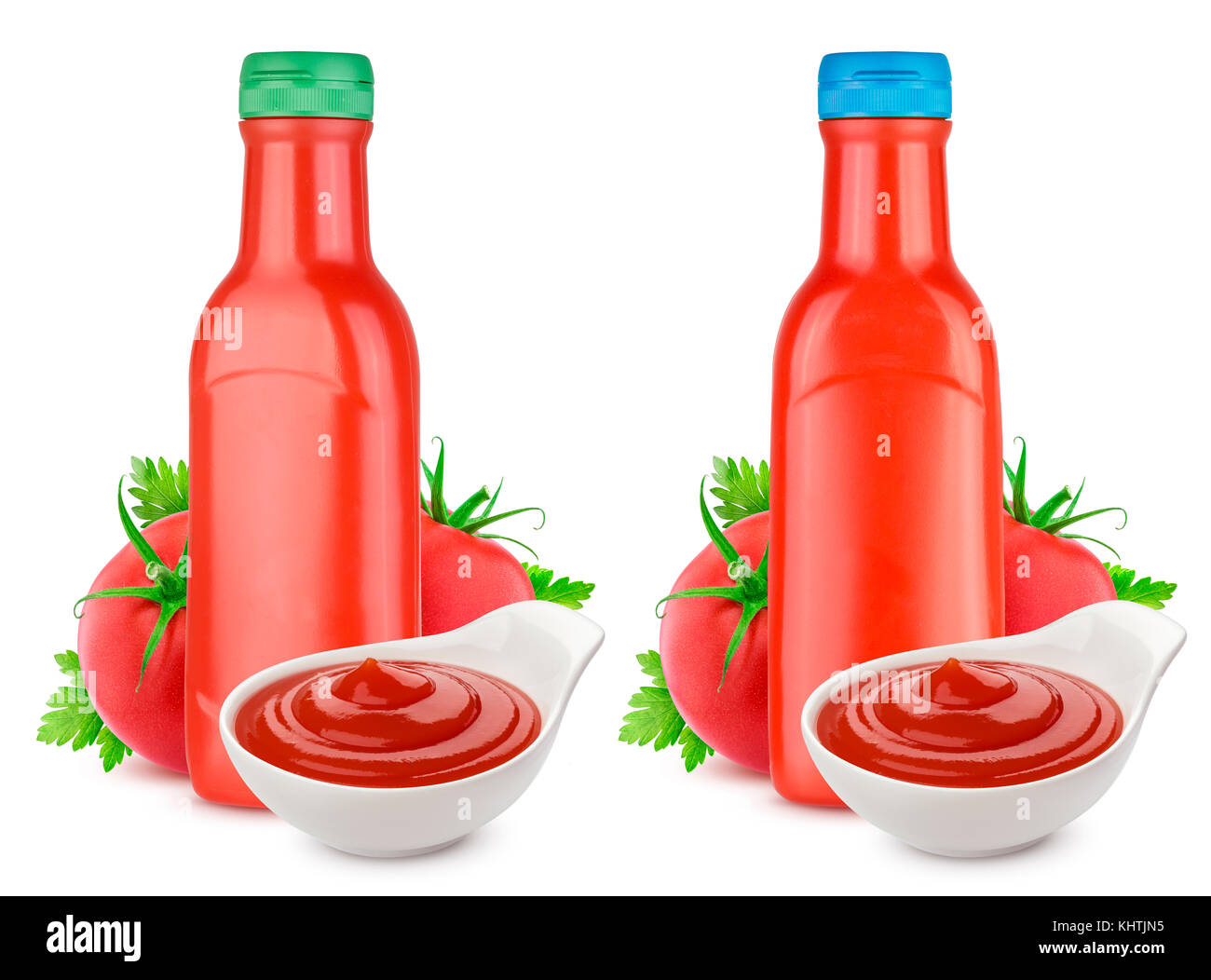 Tomato ketchup bottle, ketchup in bowl and fresh tomatoes isolated on white background Stock Photo