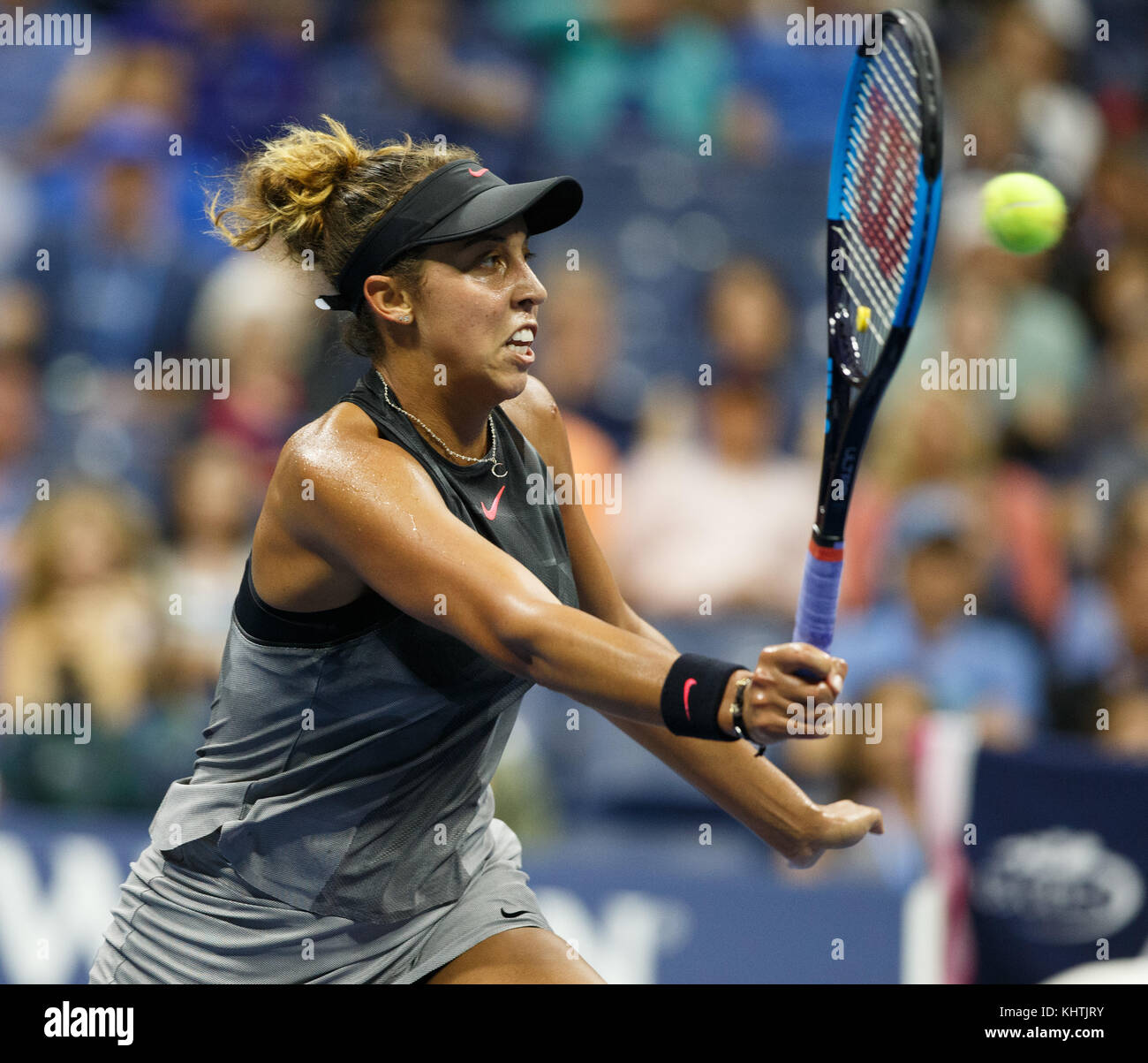 American tennis player MADISON KEYS (USA) playing forehand shot in US Open 2017 Tennis Championship, New York City, New York State, United States. Stock Photo