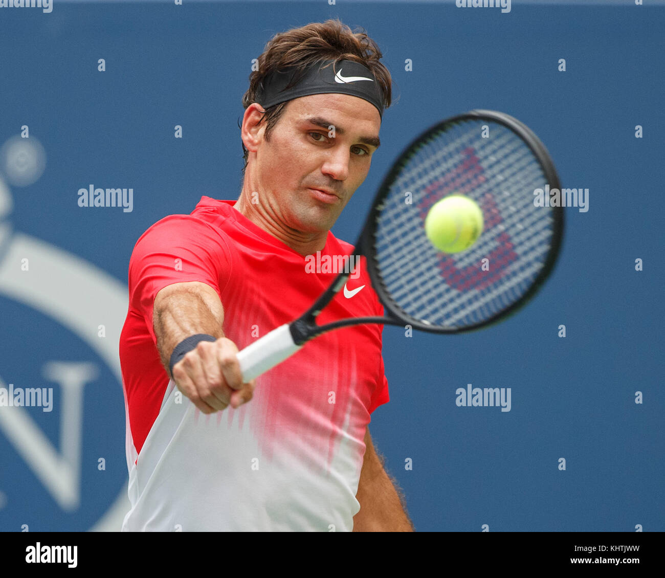 Swiss tennis player ROGER FEDERER (SUI) plays backhand shot during men's singles match at US Open 2017 Tennis Championship, New York City, New York St Stock Photo