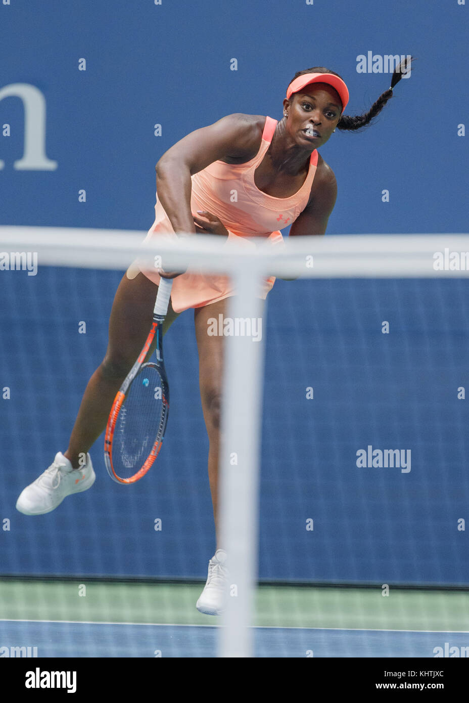 American tennis player SLOANE STEPHENS (USA) serving ball on court during women's singles match at US Open 2017 Tennis Championship, New York City, Ne Stock Photo