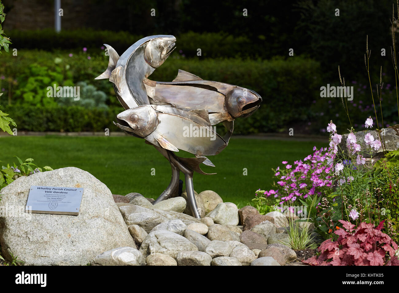Whalley village in the Ribble Valley Lancashire. Three fish sculpture