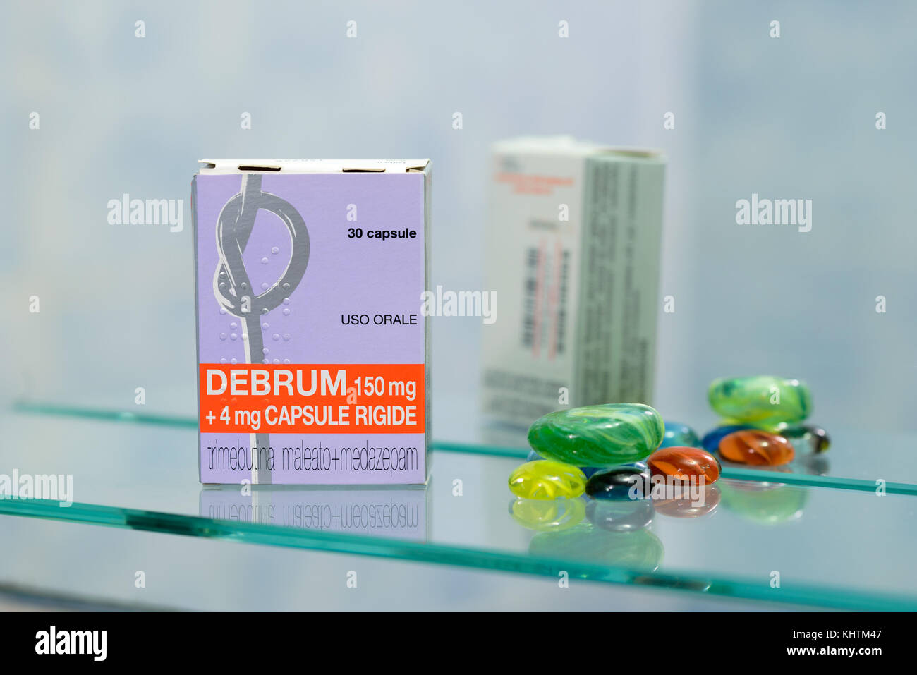 Kiev/Ukraine - August 27, 2017 - Debrum, for the Italian market, is based on the active Trimebutina + Medazepam, part of the category of Anti-Peptides Stock Photo