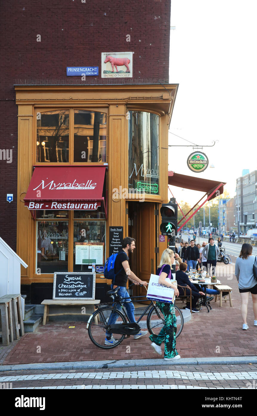 Bar restaurant on the Prinsengracht canal, in Autumn, in Amsterdam, in