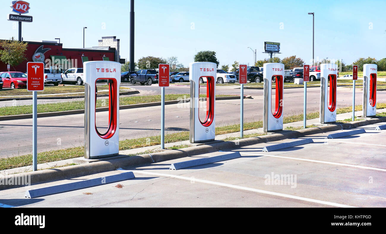 Corsicana,Texas- November 2017,  Tesla Supercharger station with hookups ready for Tesla cars are popping up all across the United States. Stock Photo