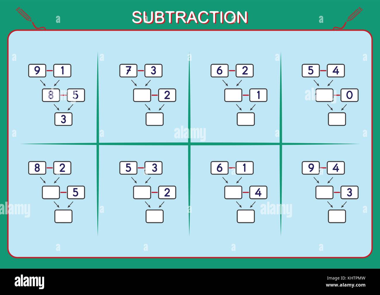 Practice your subtraction 0 to 10, math worksheet for kids Stock Vector