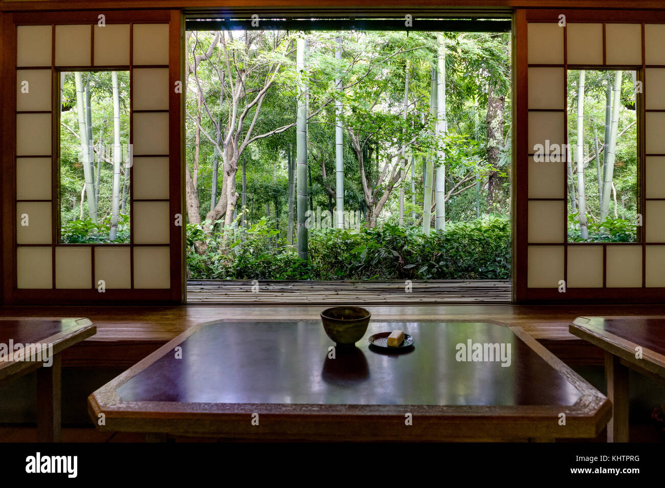 Teehouse with Tee and sweets Okochi Sanso Botanical Japanese Gar Stock Photo