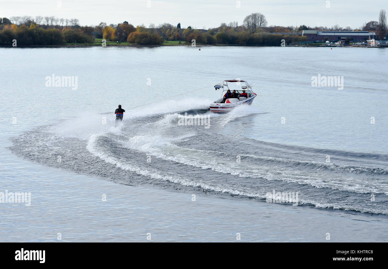 Water skiing on Chasewater Country Park, England, November 2017 Stock Photo