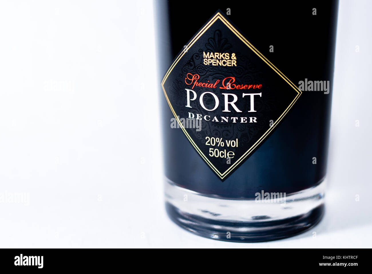 Bottle of Marks & Spencers Special Reserve Port in decanter Stock Photo