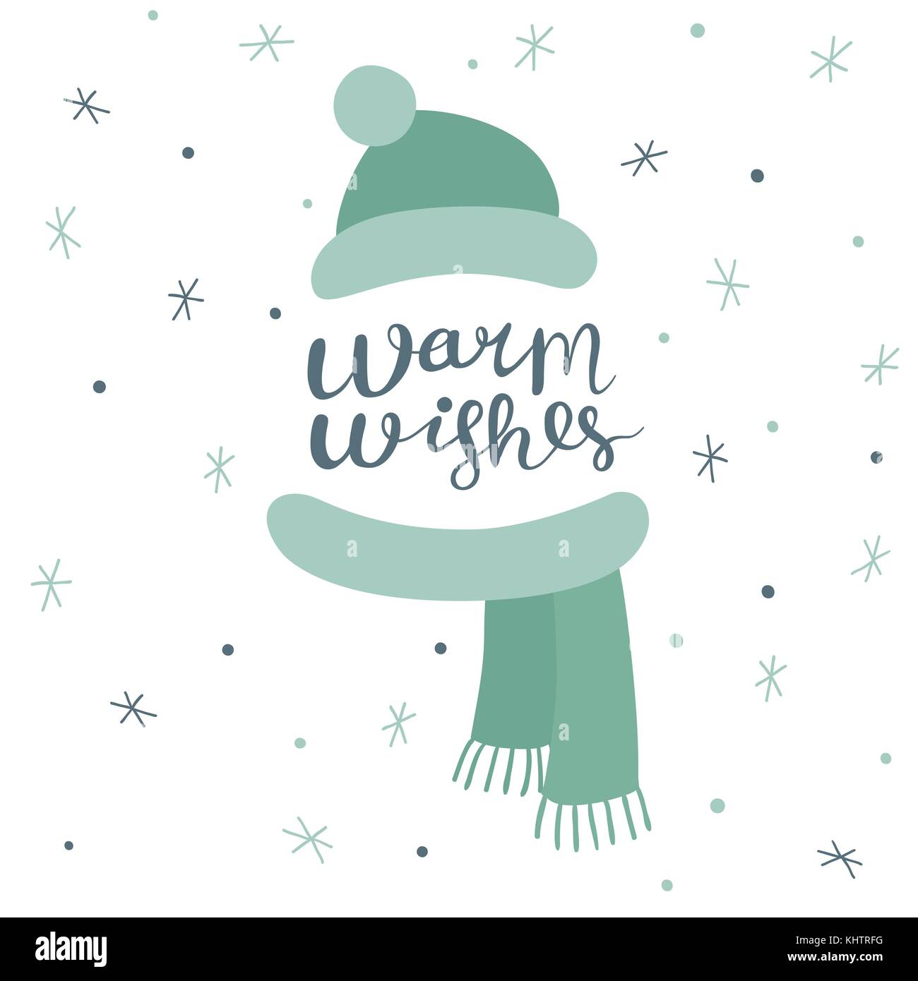 Chtistmas card with hand drown hat, scarf, snowflakes and lettering, vector design elements Stock Vector