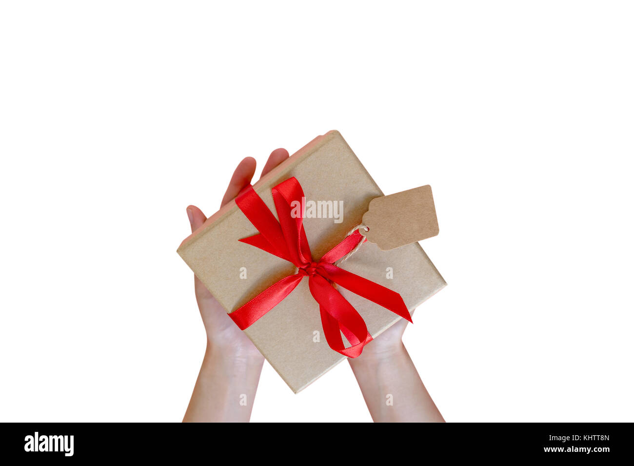 Close up hand woman holding gift box on isolated white with clipping path. Stock Photo