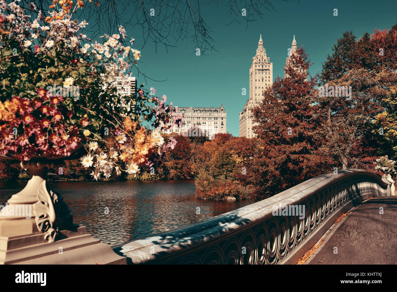 Central Park Autumn and buildings in midtown Manhattan New York City ...