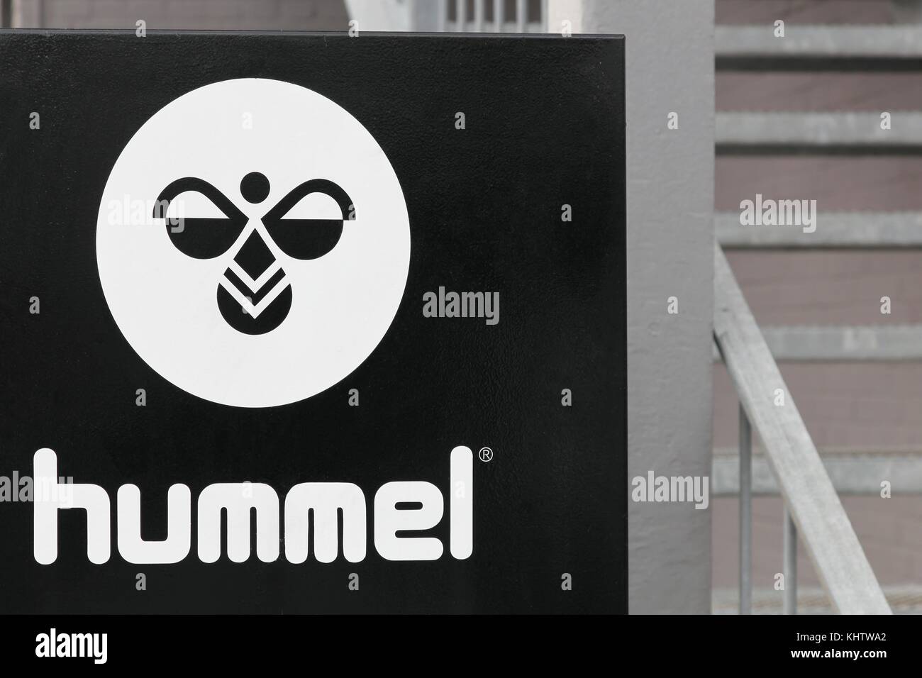 Aarhus, Denmark - July 15, 2017: Hummel logo on a wall. Hummel  International is a sportswear company based in Denmark Stock Photo - Alamy