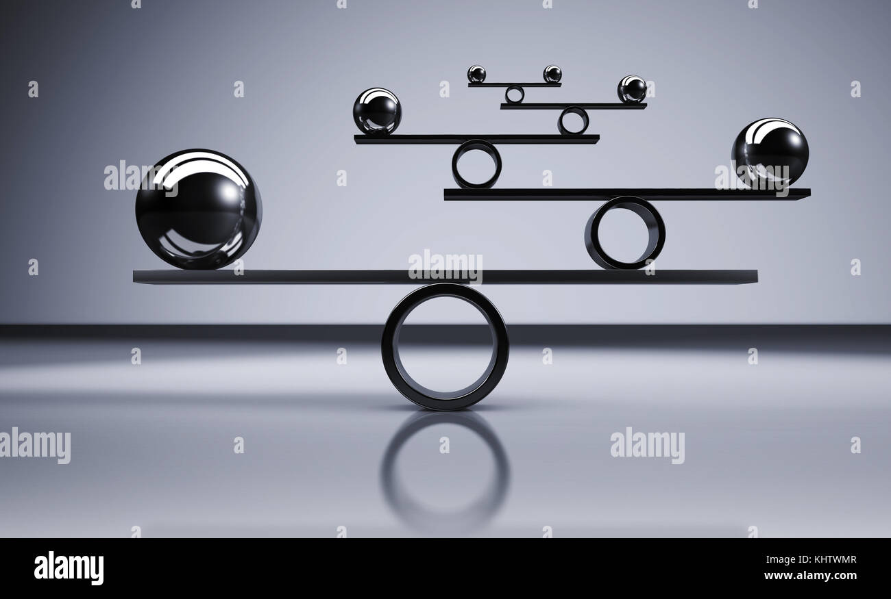 Business and lifestyle balance concept with balanced metal balls on grey background 3D illustration. Stock Photo