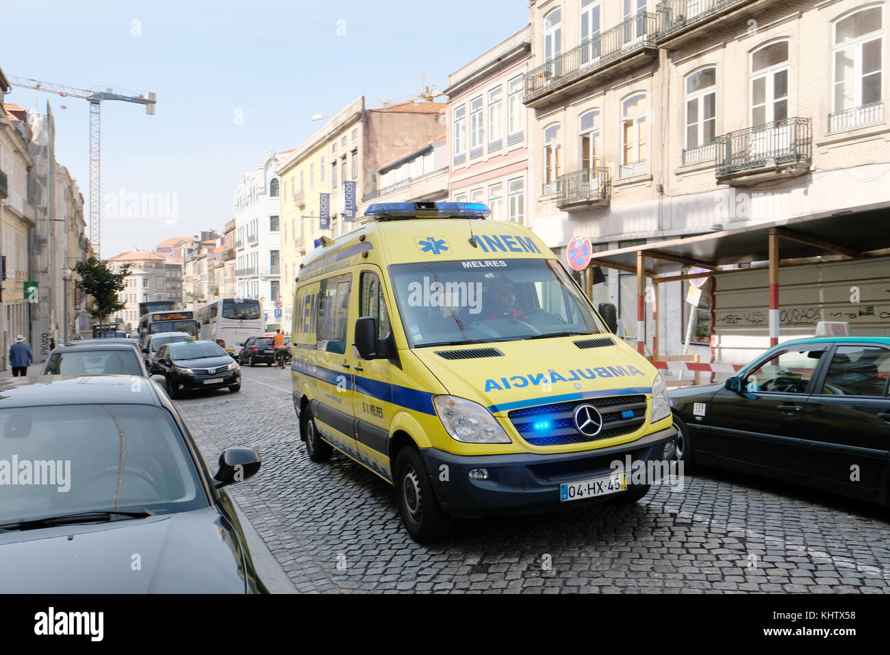 September 2017 - Emergency ambulance on a fast run in the streets of Porto, Portugal, Stock Photo