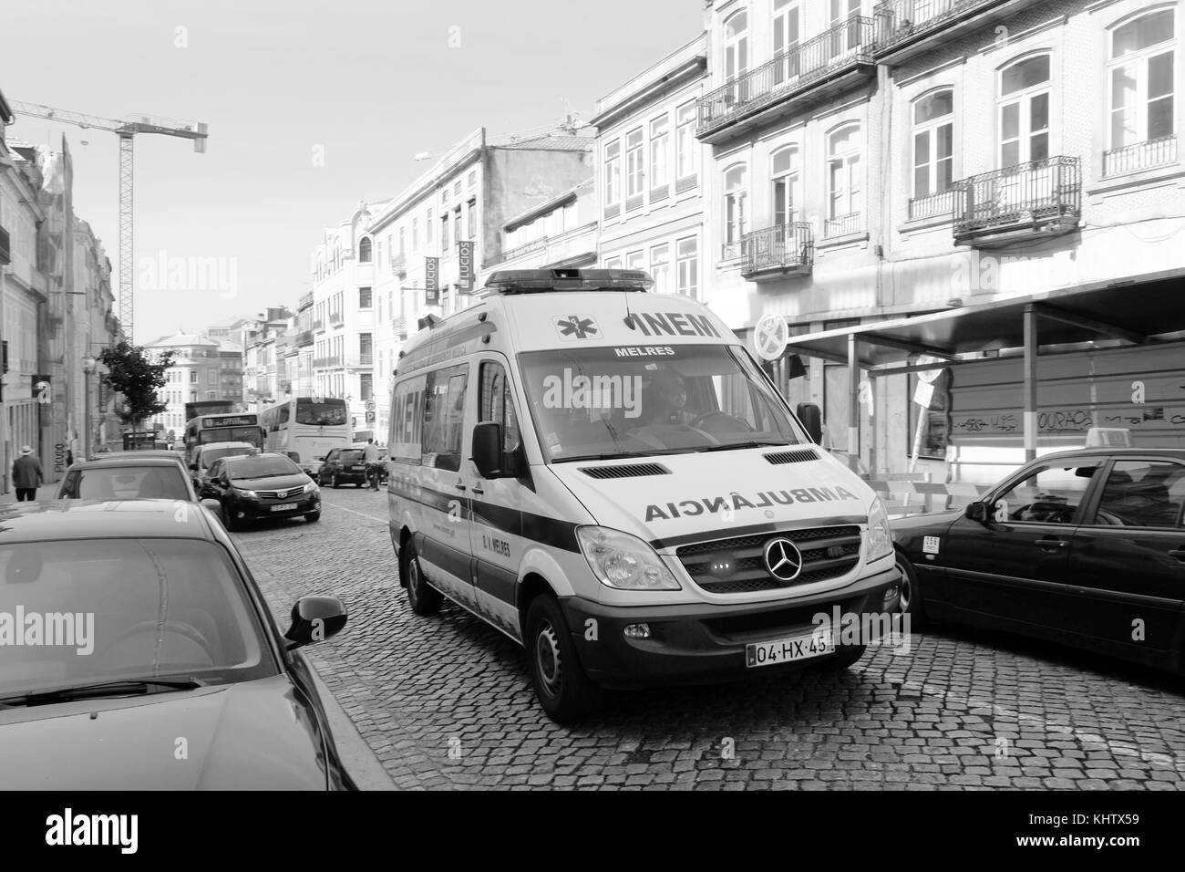 September 2017 - Emergency ambulance on a fast run in the streets of Porto, Portugal, Stock Photo