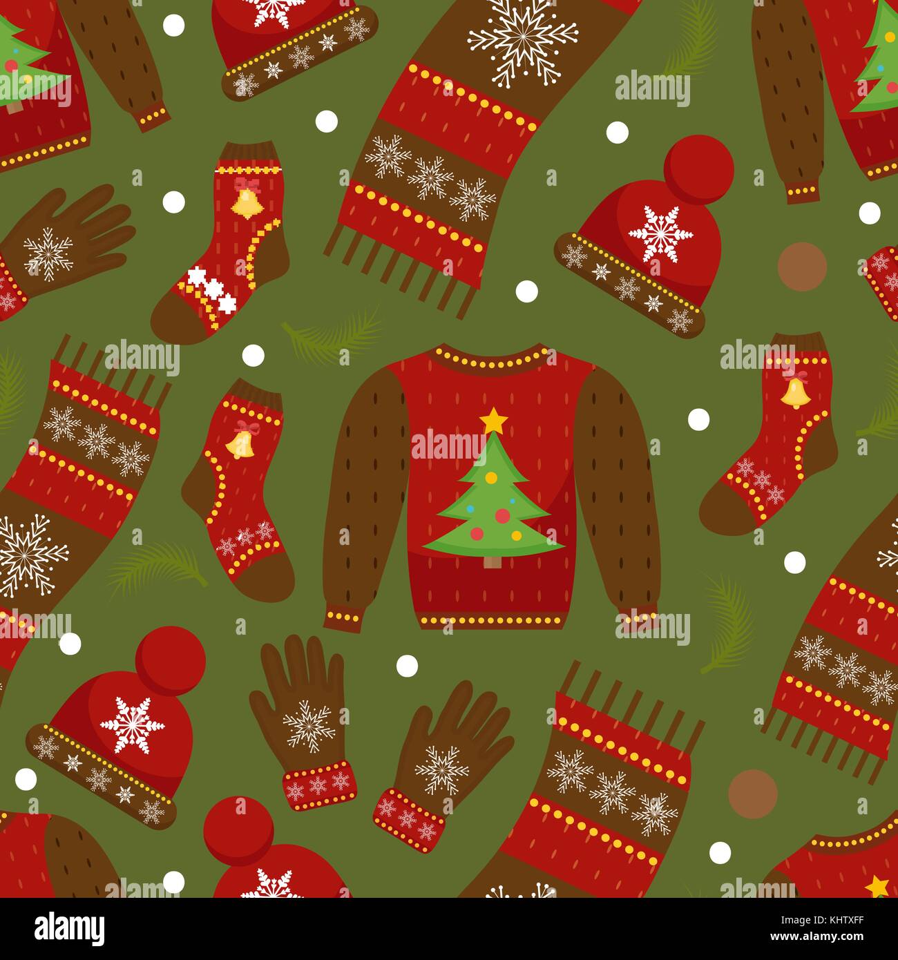 Winter apparel seamless pattern. Christmas clothes repeating texture. Warm clothing Infinite background. Sweater, gloves, hat, socks. Vector illustration. Stock Vector